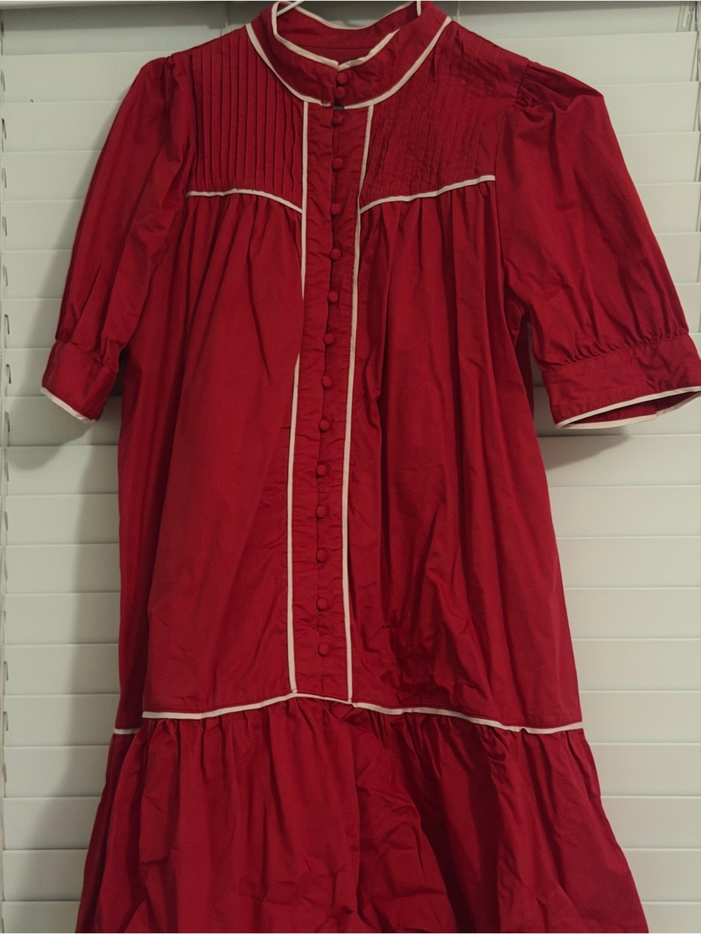 TCEC Red Button-Front Midi Dress with Piped Trim